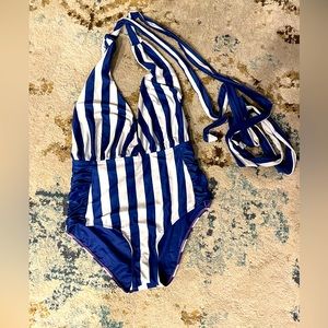 Nicole Miller Swimsuit Size 10.  Blue and White halter, wear multiple ways.